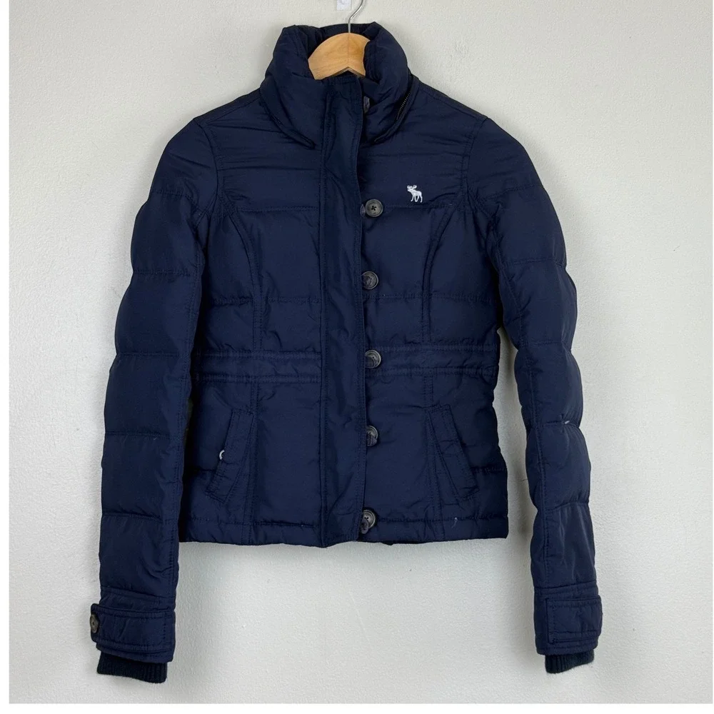 Abercrombie Kids Puffer Jacket Navy‎ Blue Fur Lined Button Up Coat Sze L VTG